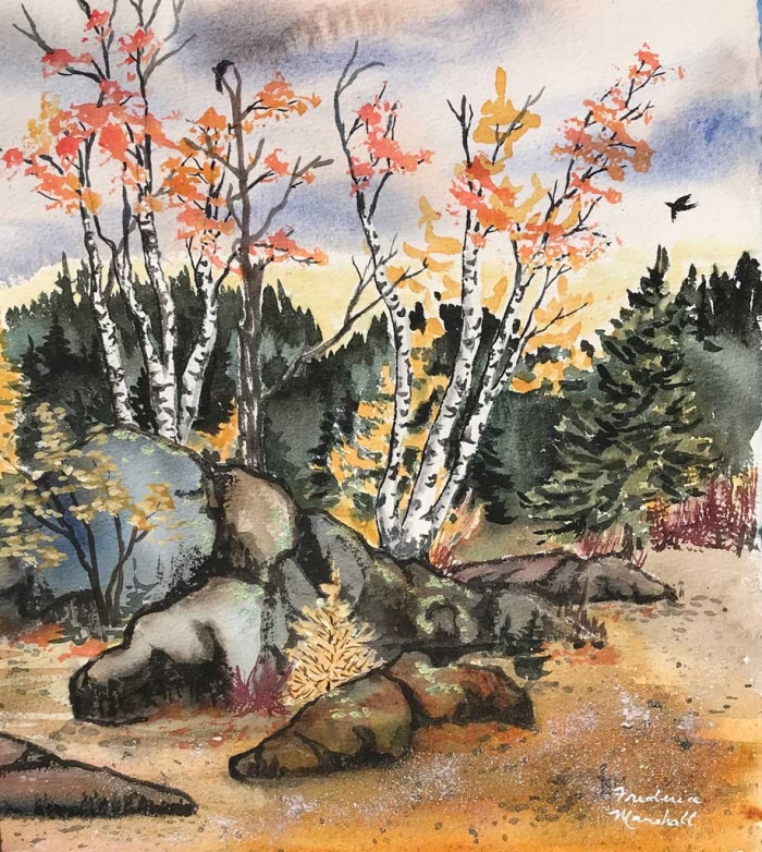 Autumn Birches #3 Watercolor Painting by Frederica Marshall