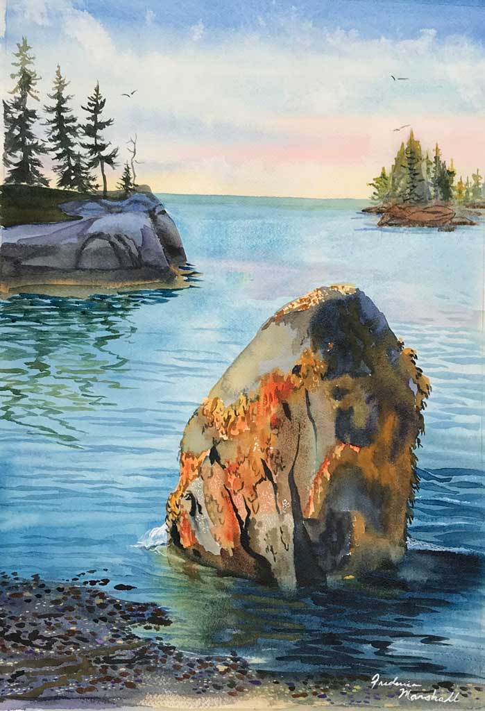 Sand Beach Low Tide Watercolor by Frederica Marshall