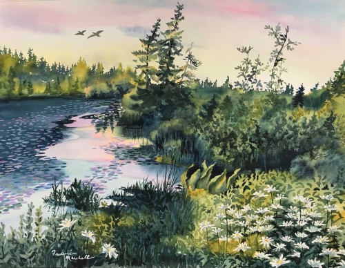Sunset Pond Watercolor by Frederica Marshall