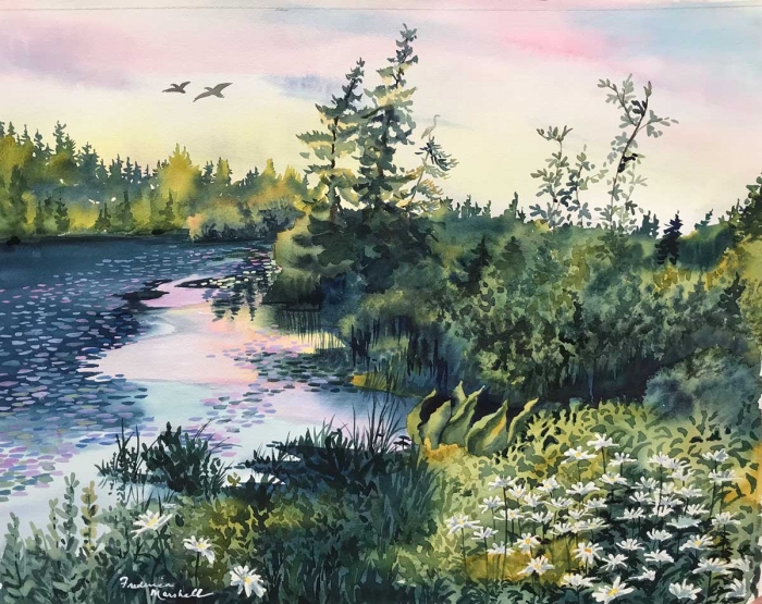 Sunset Pond, Sound of Duck Wings watercolor by Frederica Marshall