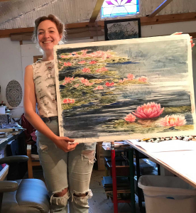Sasha Gross with her Waterlilies watercolor batik painting