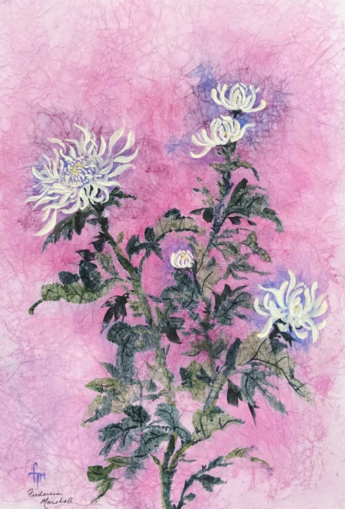 Chrysanthemum Glory - Watercolor Batik Painting by Frederica Marshall