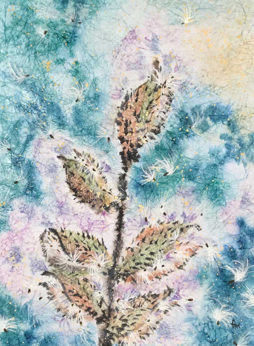 Milkweed - Watercolor Batik Painting by Frederica Marshall