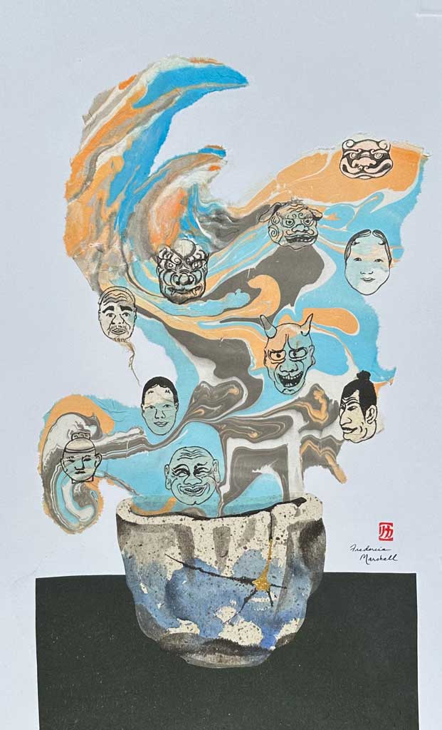 Demon Bowl Simi-e, Collage, Suminagashi by Frederica Marshall