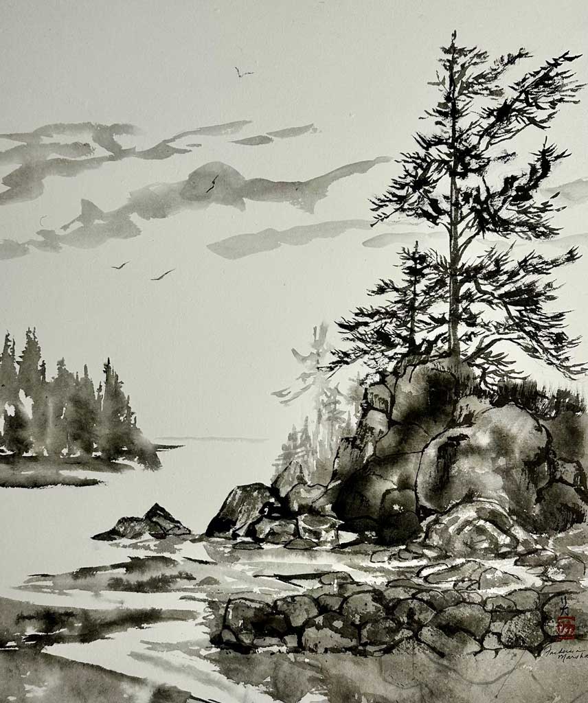 Shoreline, Sumi-e on Washi Paper by Frederica Marshall